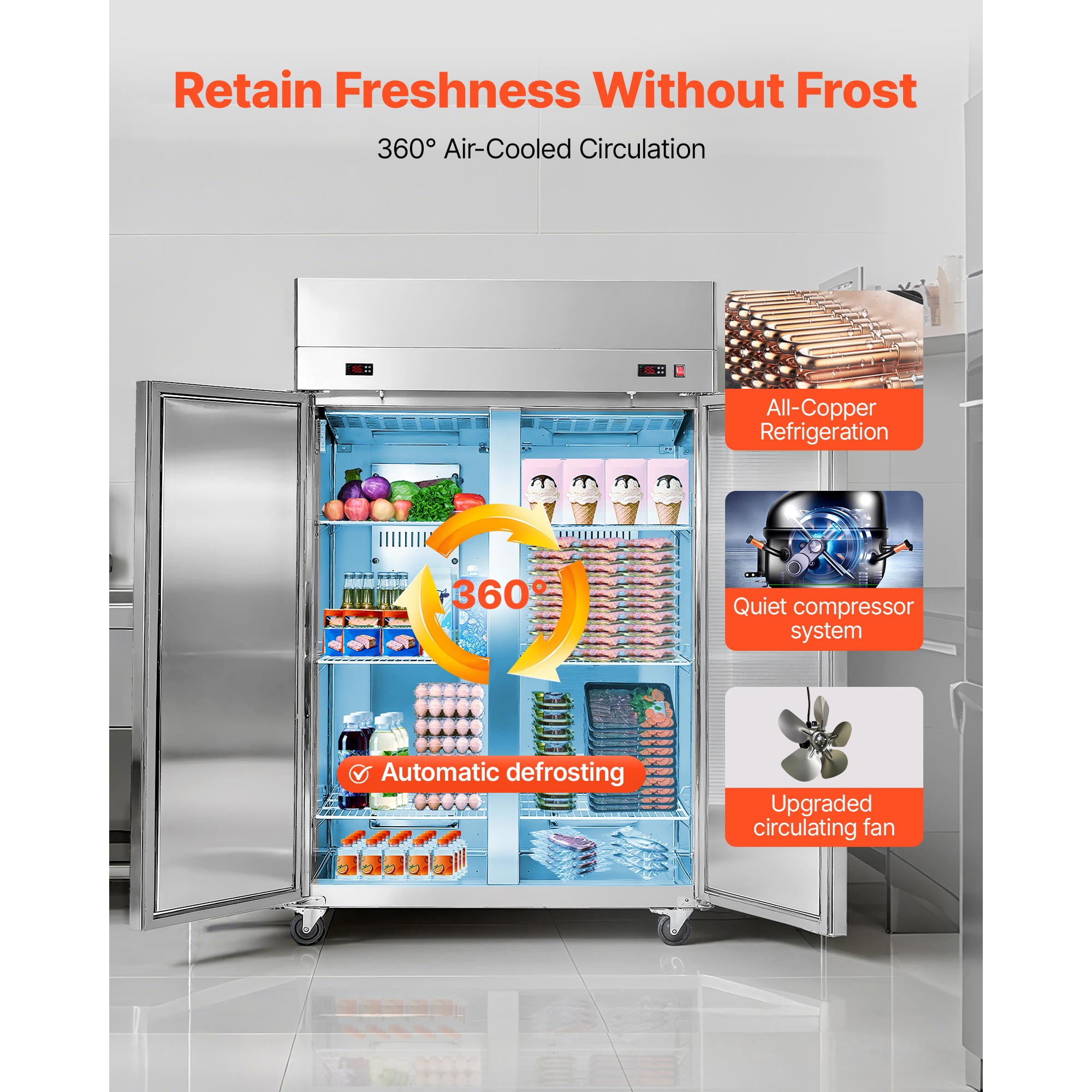 KFFKFF Commercial Refrigerator and Freezer Combo, 47.64 in Wide Upright Double Door Unit, 31.1 Cu.ft Stainless Steel Design with Auto-Defrost, 6 Adjustable Shelves, LED Lighting, and 4 Casters
