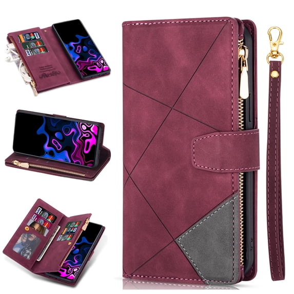 Allytech Zipper Storage Design Wallet Case for Samsung Galaxy S23 Plus 5G, PU Leather Flip Stand Magnetic Clasp Muliti-Card Slots Holster Case with Lanyard for Galaxy S23 Plus/S23+, Winered