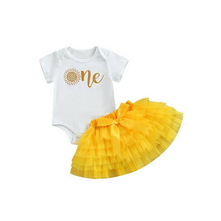 

Newborn Baby Girls Sweet Clothes Sets Sunflower Letter Print Short Sleeve Romper + Bow Layered Mesh Tutu Skirt Outfits