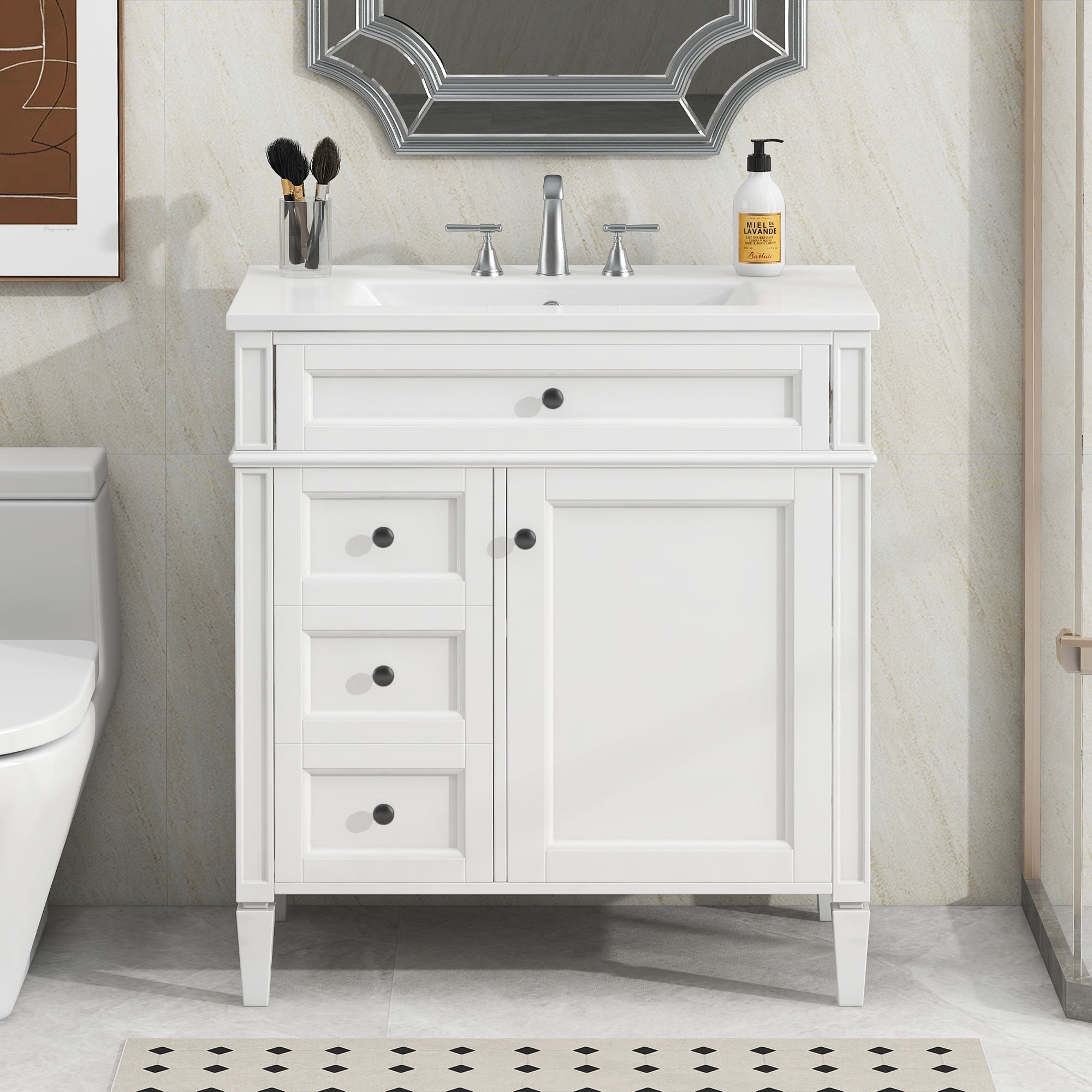 Euroco 30” Bathroom Vanity with Sink, Modern Freestanding Bathroom Cabinet with Tip-Out Drawer, Soft-Close Doors & Shelves, Hidden Storage Organizer