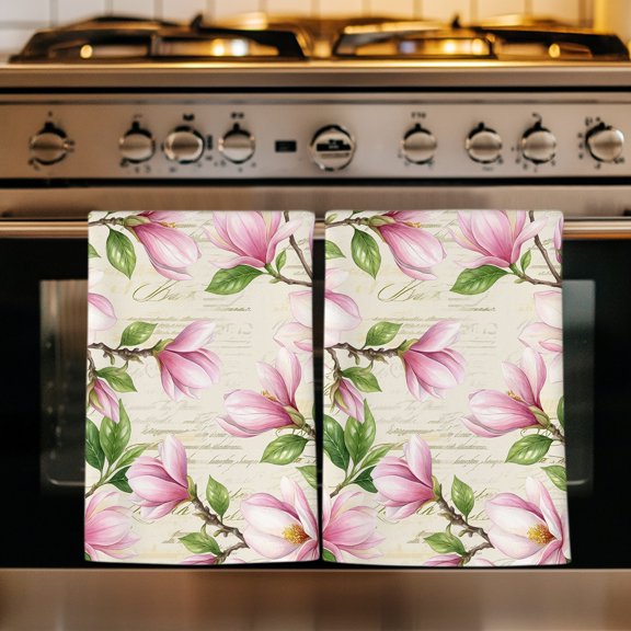 Pink Magnolia Kitchen Towels Set of 3, Spring Blooms Botanical Flowers Branches Absorbent Dish Towels for Kitchen, Microfiber Hand Towel, Quick Drying Tea Towel for Cleaning Decorative Dishcloths