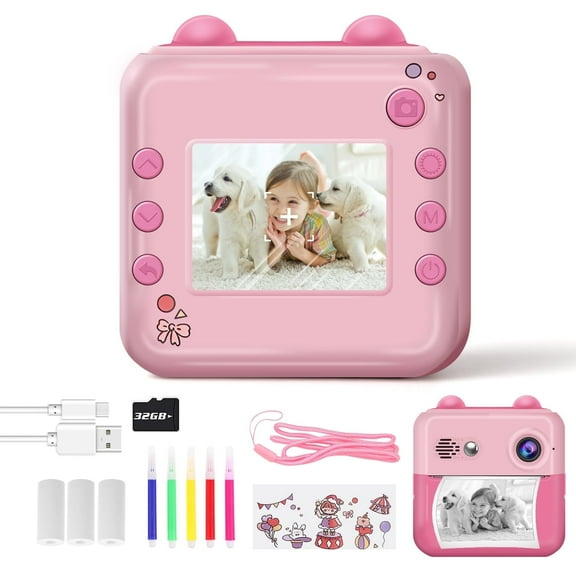 Yvagay Instant Print Camera for Kids, 1080P HD Digital Video Instant Camera for Boys & Girls 3-12 Years Birthday Gifts, with 32GB Card and Printing Paper，Pink