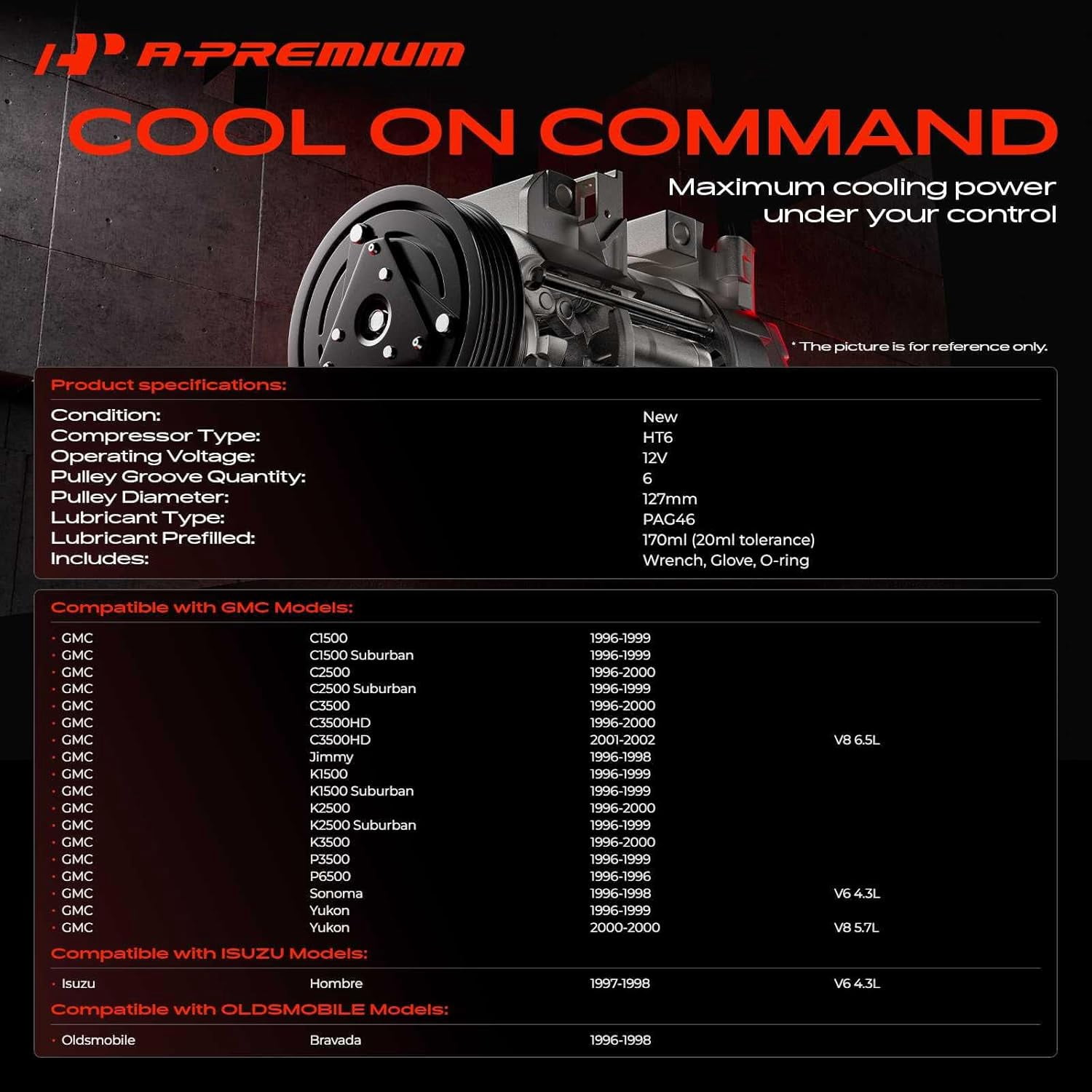 A-Premium AC Compressor with Clutch Compatible with GMC Yukon Chevrolet Tahoe 1996-2000 Silverado 2500 Blazer Cadillac Escalade Isuzu Oldsmobile