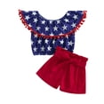 thumbnail image 2 of Aojekbee Independence Day Kids Girls Clothes Suits Stars Print Bobbles Boat Neck Ruffles Tops Red Shorts with Belt 2Pcs Set, 2 of 9