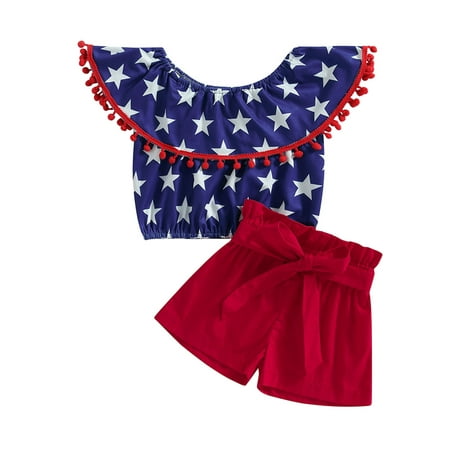 

GXFC Toddler Girl 4th of July Outfits Sleeveless Ruffles Stars Print T-Shirts+Red Shorts with Belt Set Kids Girls Independence Day Clothes 2pcs 1-5Y