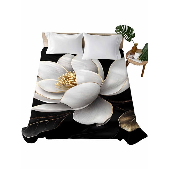 Gorgeous Flowers Flat Sheets Only Queen Size, Soft Breathable Bed Top Sheets for Mattress, White Gold Floral Botanicals Black Luxury Bedding Flat Sheets for Home Hotel Bedroom Bed Protection