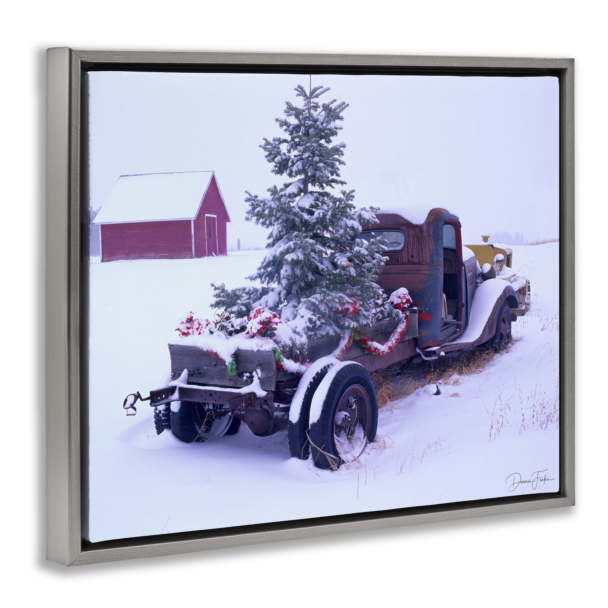 Stupell Industries Christmas Tree Truck Holiday Painting Gray Floater Framed Art Print Wall Art, 31 x 25