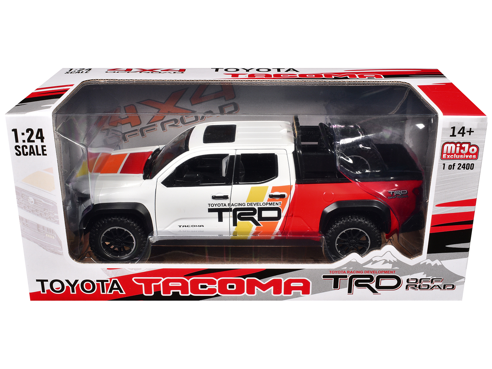 2024 Toyota Tacoma TRD Off Road Ed Truck White and Red with TRD Stripes with Sunroof & Wheel Rack 1/24 Die Cast Model Car