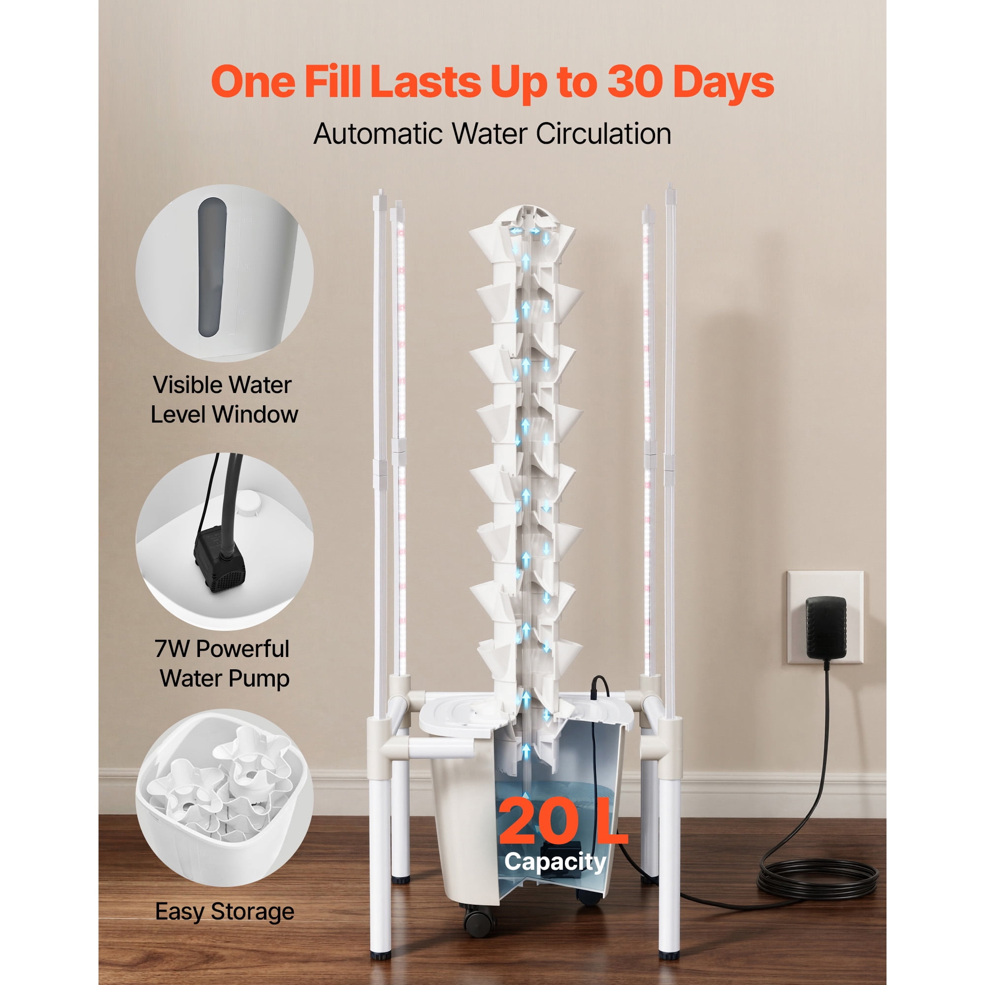 KFFKFF Hydroponic Tower System, 45 Pods and 9 Tiers with LED Grow Light, App Control & Casters, Vertical Indoor Garden with 20L Water Tank & Pump for Growing Herbs, Fruits, and Vegetables