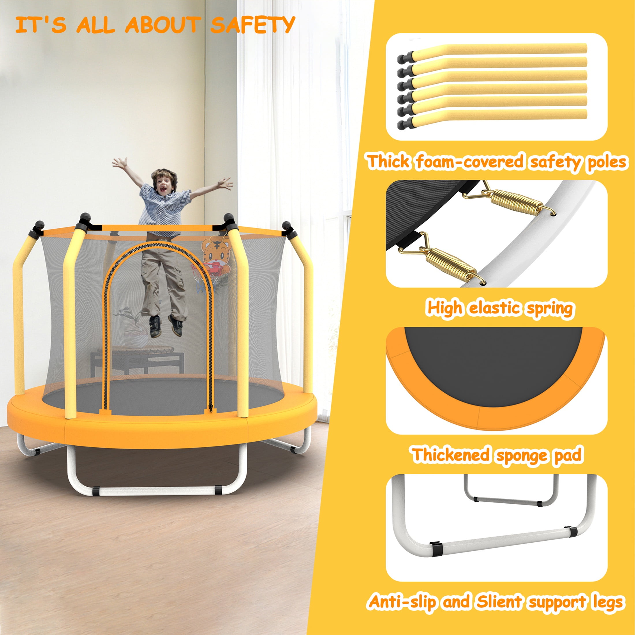 Toddler Trampoline with Safety Enclosure Net, Segmart Mini Trampoline with Cartoon Basketball Hoop, Recreational Trampoline with No-Gap Safe Design, Birthday Gifts for Boys & Girls