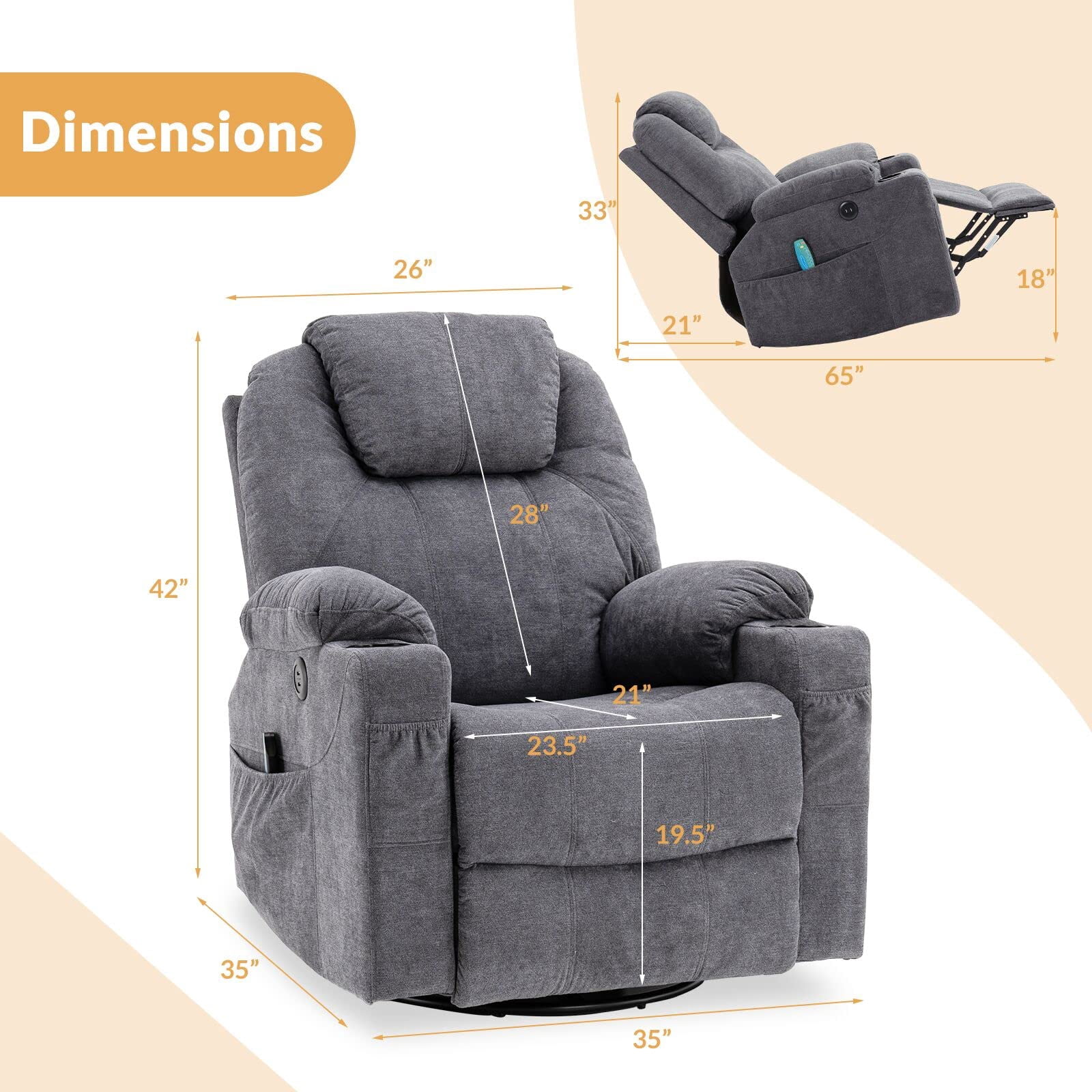 W WARMHOL Swivel Rocker Recliner Chair - Manual Glider Rocking Recliner Chair with Heated Massage Ergonomic Lounge Reclining Chair with Cup Holders/4 Pockets/Remote Control/USB Ports (Gray)