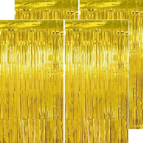 4 Pack Gold Tinsel Backdrop, 3.28 FT x 6.56 FT Metallic Fringe Curtain Party Streamers for Birthday Anniversaries Party Supplies