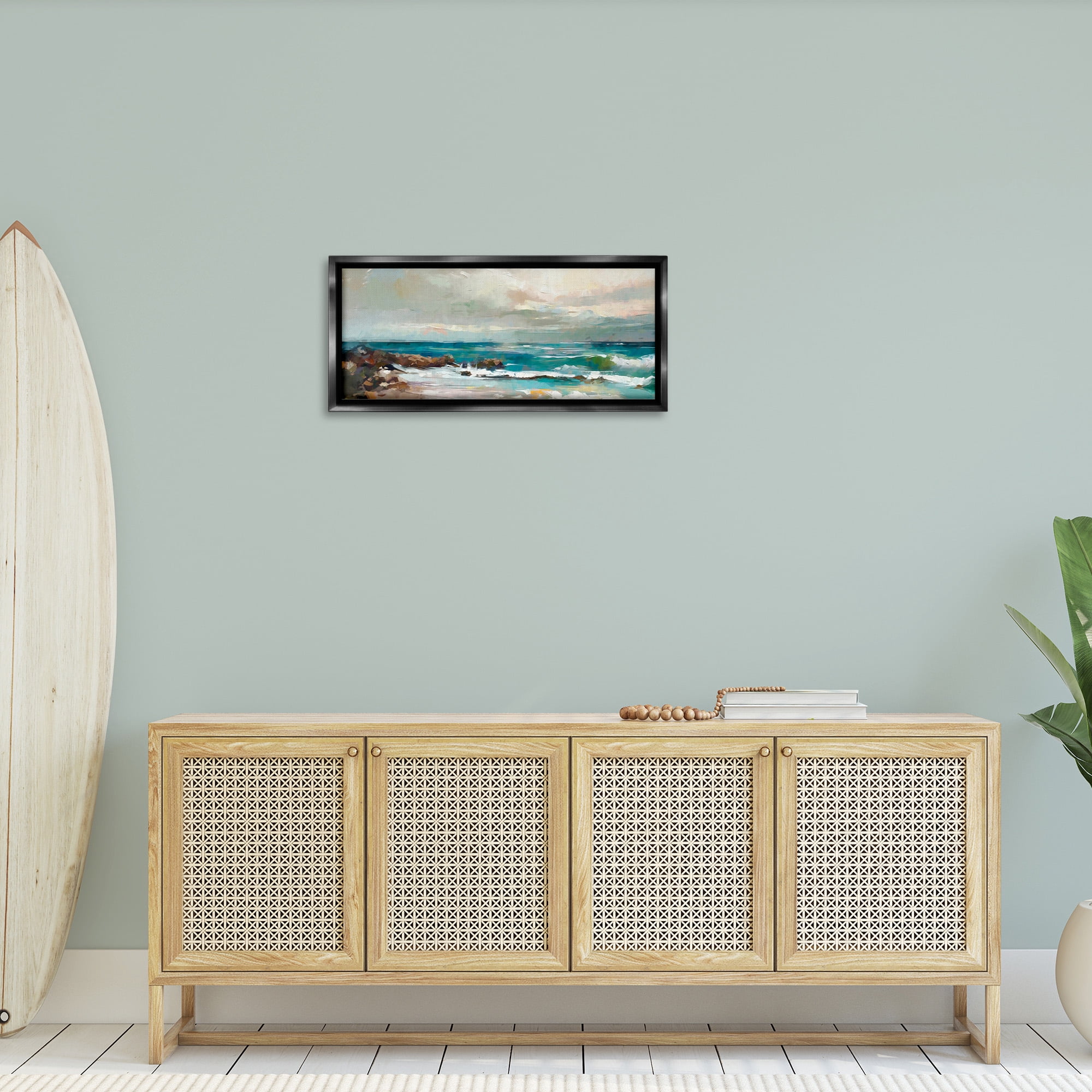 Stupell Industries Rocky Ocean Waves Landscape Painting Black Floater Framed Canvas Art Print Wall Art, 31 x 14