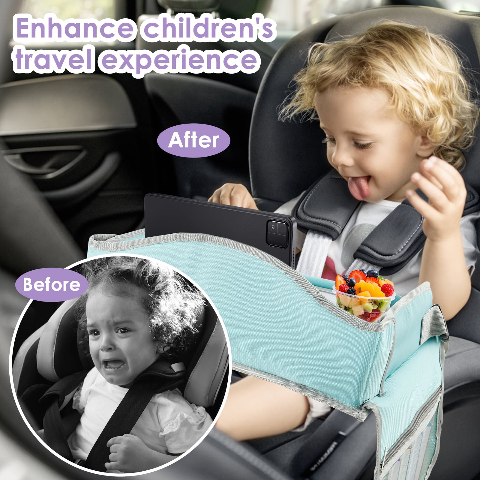 Carseat Table Tray for Kids Polyester Made Portable Drawing Board with Padded Shoulder Strap for Road Trip Activities