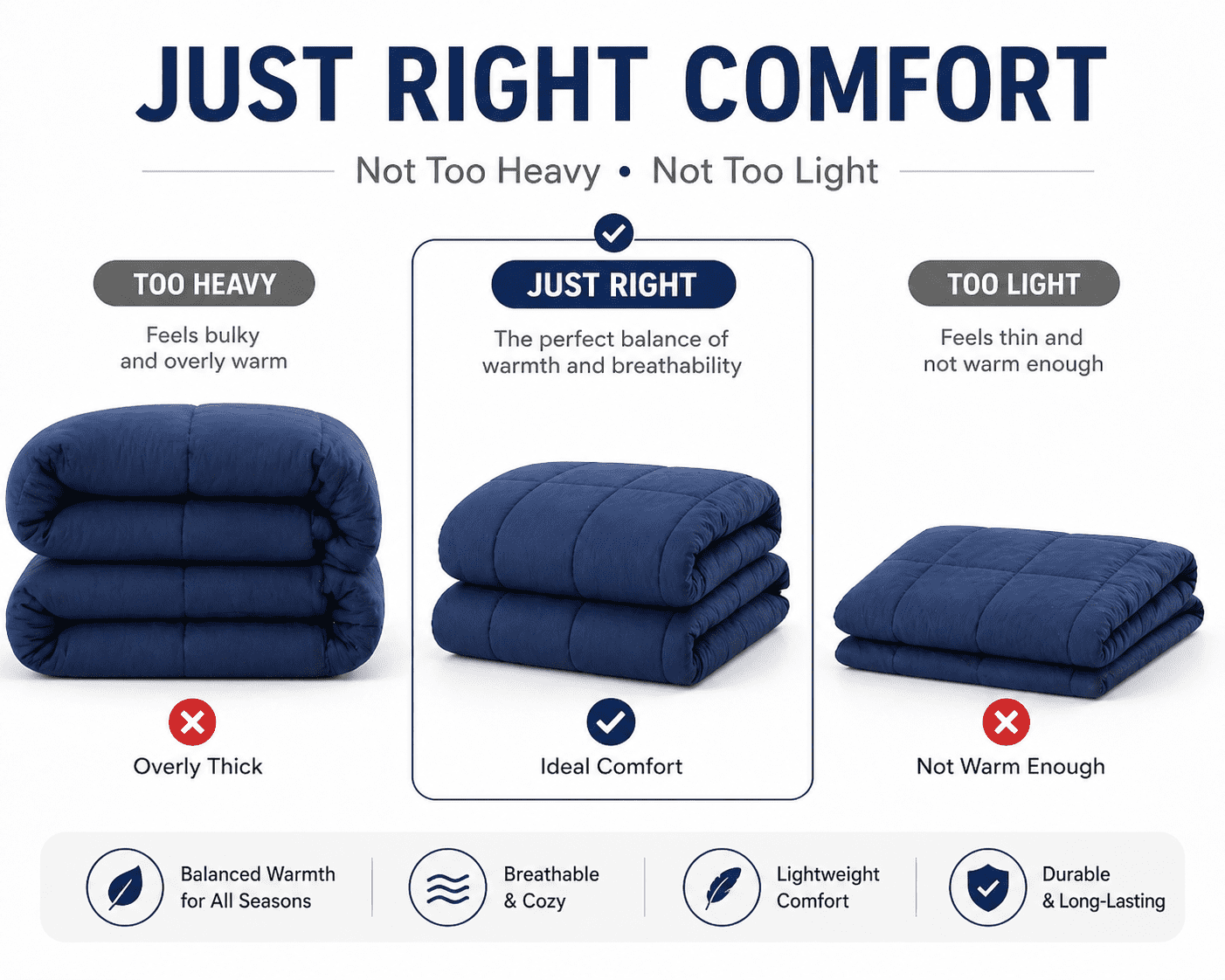 Evolive All Season Pre Washed Soft Microfiber White Goose Down Alternative Comforter with Box Stitching (Navy, King)