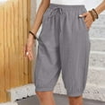 thumbnail image 3 of WIZUTIZ Womens Linen Shorts Wide Leg Casual Active Loose Shorts High Waist Solid Trousers Knee-Length with Pockets Ruched Trousers for Lady Stretch Birthday Gray, 3 of 6