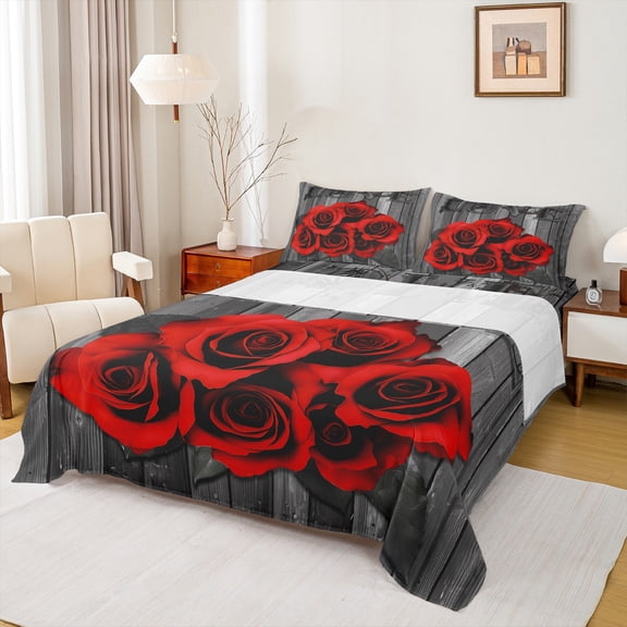 Feelyou Red Rose Flower Twin Sheet Sets for Couple, Romantic Flower Floral Twin Fitted Sheet, Happy Valentine's Day Flat Sheet, Ultra Soft Bedroom Decor, 3-Piece