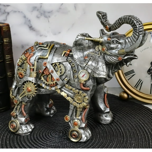 Ebros Steampunk Pressure Valve Geared Cyborg Elephant with Trunk Up Figurine