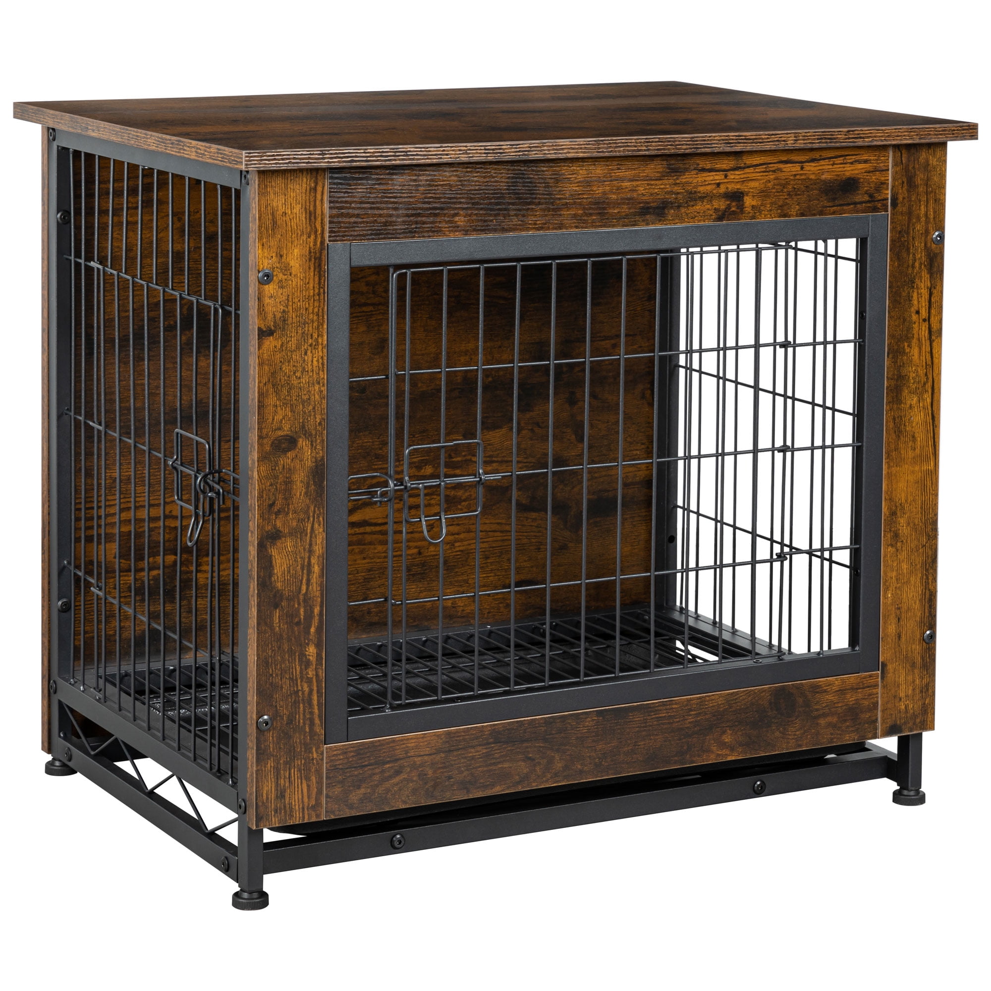 Walsunny Wooden Dog Crate Furniture,Double-Doors Kennel Indoor with Divider and Removable Tray,End Table Dog Crate for Decoration 27.2"L x 20.1"W x 23.6"H,Brwon