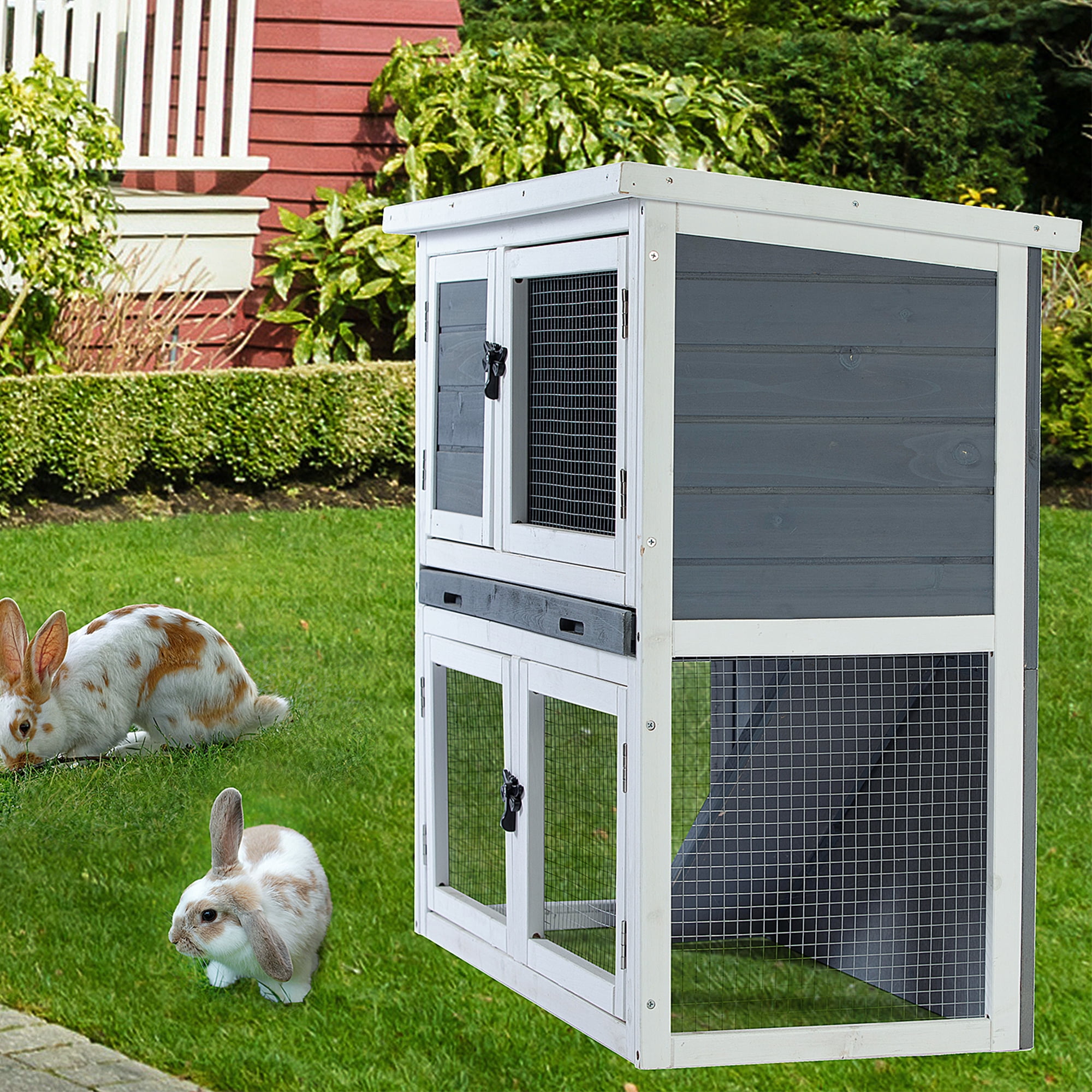 Pefilos 36" Solid Wooden Rabbit Hutches with Easy Clear Tray 2-Layer Rabbit Cages for Outdoor Hen House Open-able Roof, Gray Pefilos 36" Solid Wooden Rabbit Hutches with Easy Clear Tray 2-Layer Rabbit Cages for Outdoor Hen House Open-able Roof, Gray