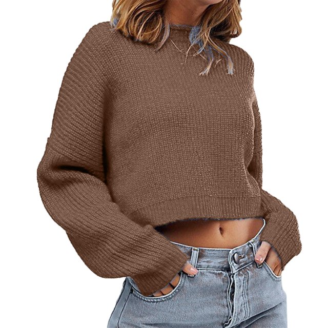 Gibobby Suéter de invierno para mujer, Suéteres de manga larga para mujer, ligeros, de punto con cuello redondo, suéter(Caqui,M)