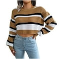 thumbnail image 2 of VSSSJ Women's Crew Neck Casual Striped Color Block Cropped Sweaters Lantern Long Sleeve Loose Waffle Knit Crop Pullover Sweater Khaki M, 2 of 8
