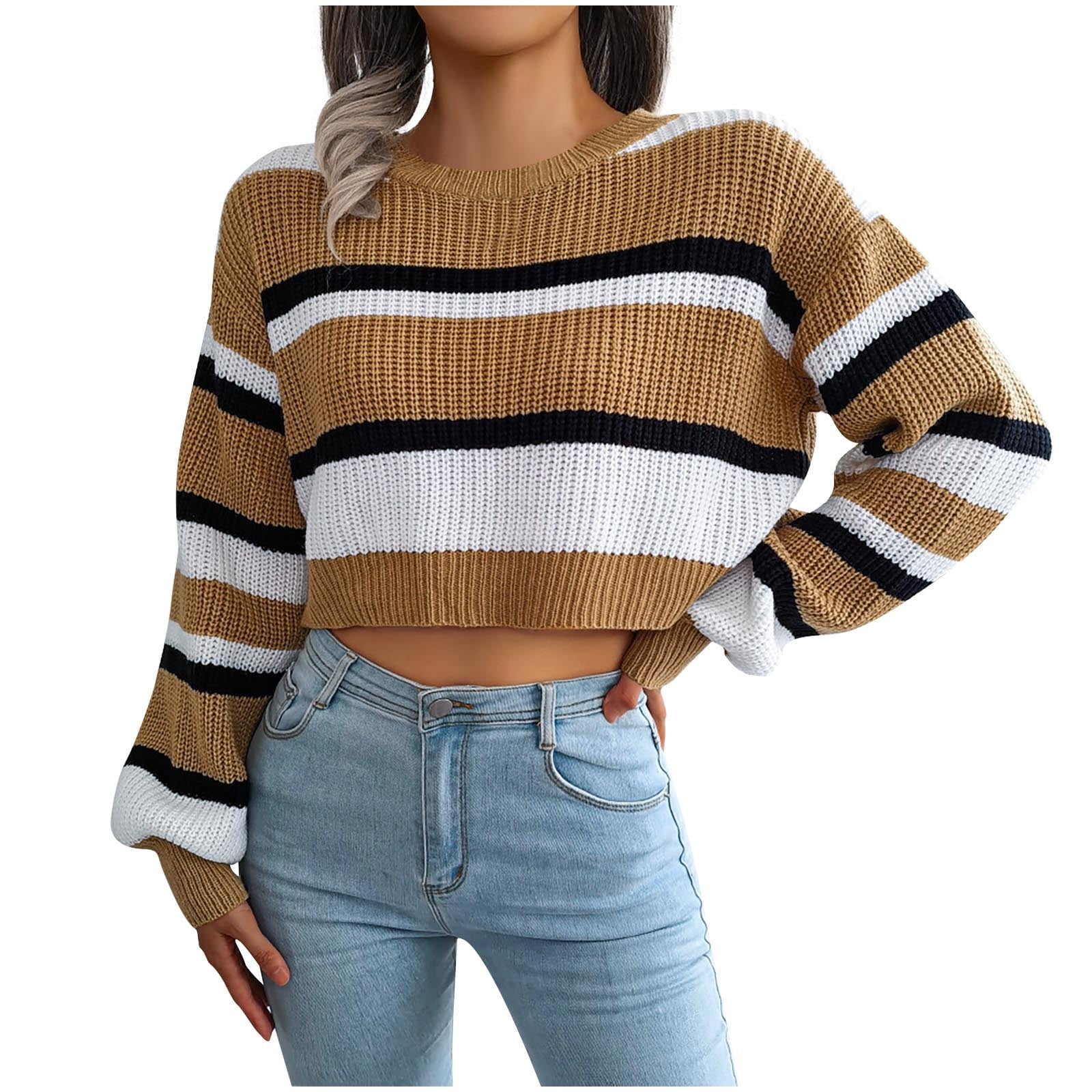 PRINxy Tops for Women Casual Loose Striped Color Matching Crop Sweater  Oversize Crew Neck Long Sleeve Knit Tops Fall Winter Pullover Drop Shoulder  Blouse Shirts Yellow S - Walmart.com