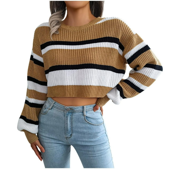 IROINID Pull à Col Rond pour Femmes, Rayures, Décontracté, Manches Courtes et Longues, Automne
