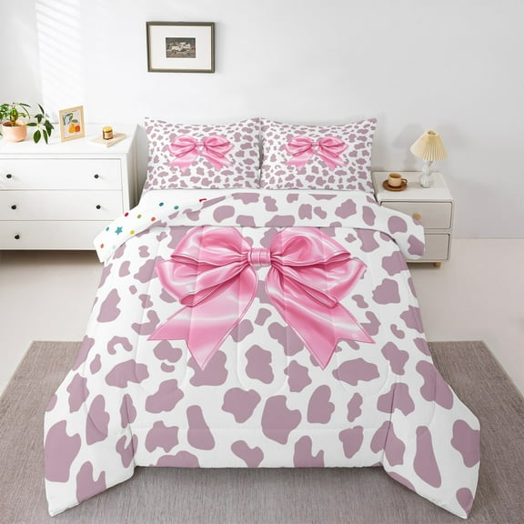Homewish Kawaii Princess Ribbon Bedding Comforter Set for Girls, Fashion Thistle Leopard Print Twin Comforter Sets, Cute Cartoon Reversible Bedding Set, Luxury Bedroom Decor, 2 Pieces