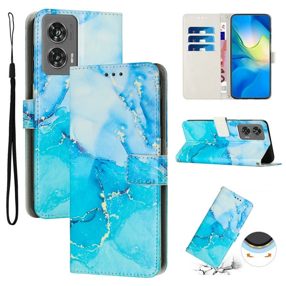 Compatible with Motorola Moto G Stylus 5G 2024 Wallet Case for Women with Credit Card Holders, Designed Flip PU Leather Kickstand Shockproof Protective Cover with Wrist Strap, Blue