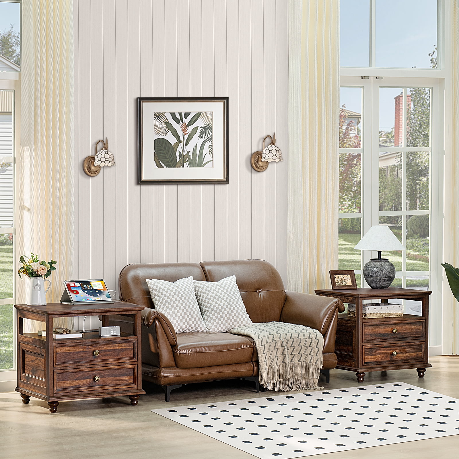 End Table with 2 Drawers for Living Room, Nightstand with Charging Station, Bedside Table with Shelf for Bedroom, Brown