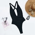 thumbnail image 2 of Traje de baño de mujer de una pieza sin espalda cuello en V profundo cintura alta Color puro almohadilla en el pecho Bikini extraíble negro M, 2 of 4