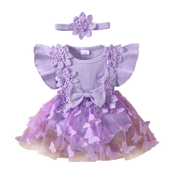 Gubotare Baby Girl Summer Dress Baby Girl 1st Birthday Outfit Lace Tulle Romper Dress with Floral Headband Cake Smash 0 3 6 9 12 18 24 Months (Purple,Size 9-12 Months)