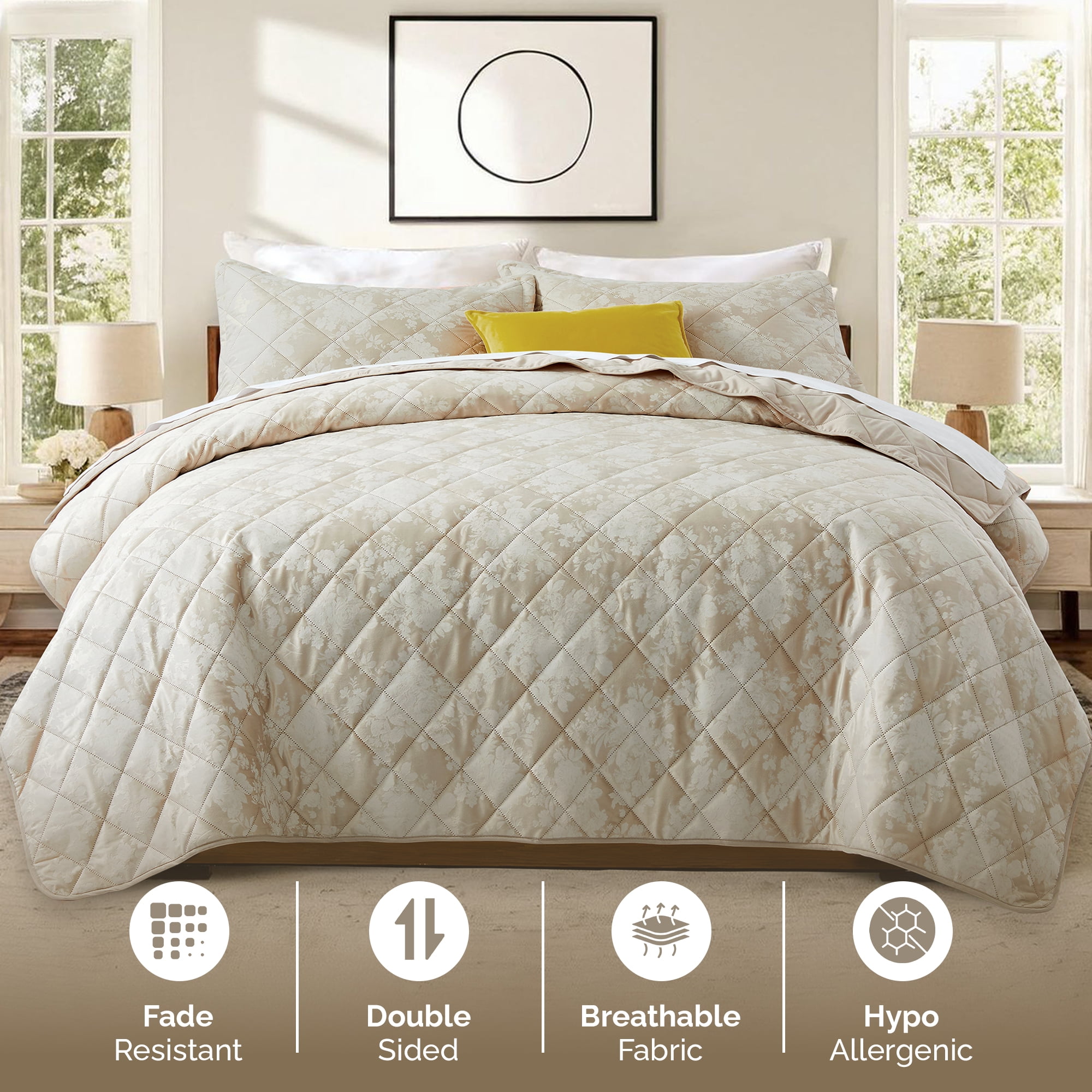 IR Imperial Rooms Luxury Velvet 2-Piece Floral Pattern Bedspread Set Ultrasonic Embossed Reversible Quilt Set Washable Bedding Twin Size Beige