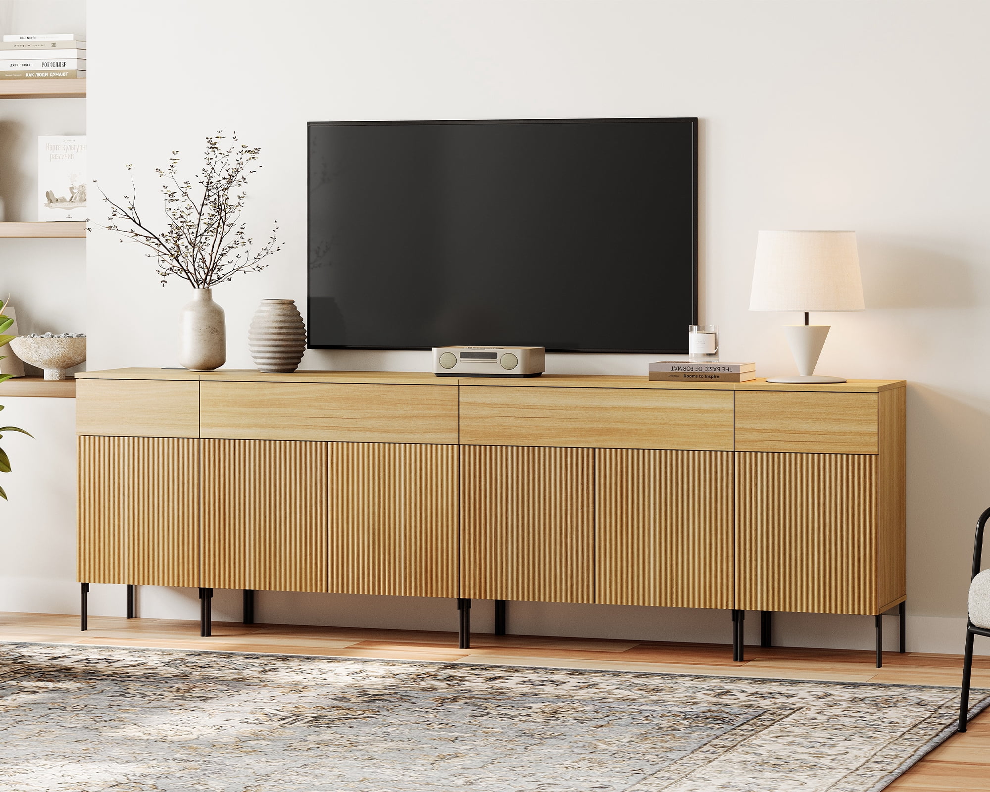 94.5" Modern Reeded Dresser TV Stand for TVs up to 100 Inch, Entertainment Center with Charging Station, Wooden TV Console with Storage for Living Room