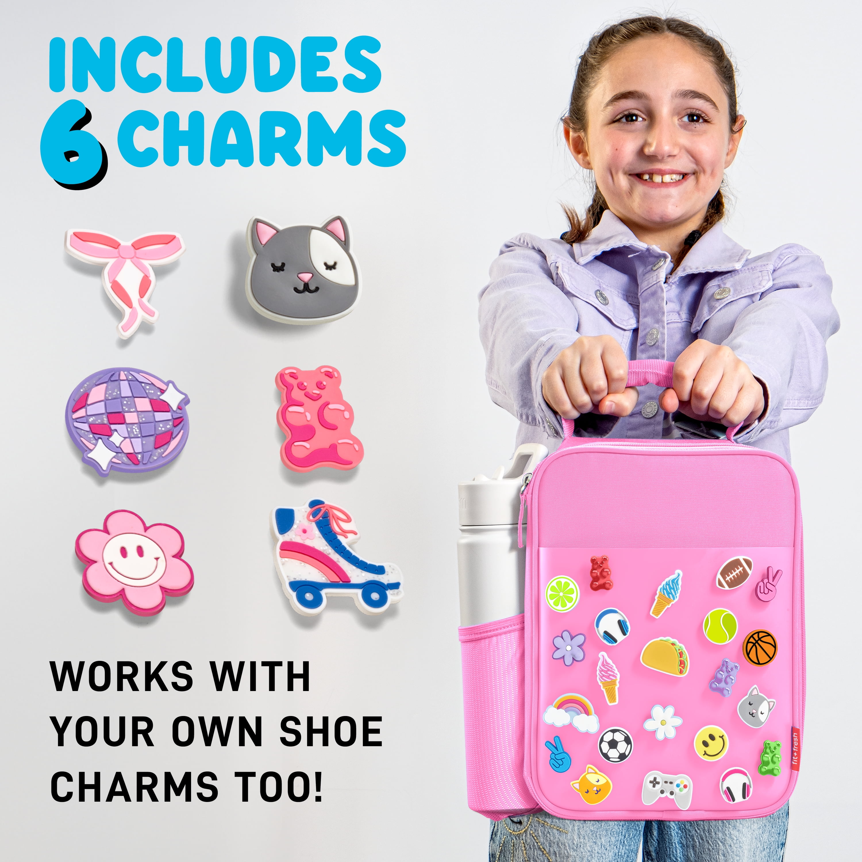Fit + Fresh Charm Insulated Lunch Bag For Kids, Boys+Girls With Shoe Charm Slots, Pink