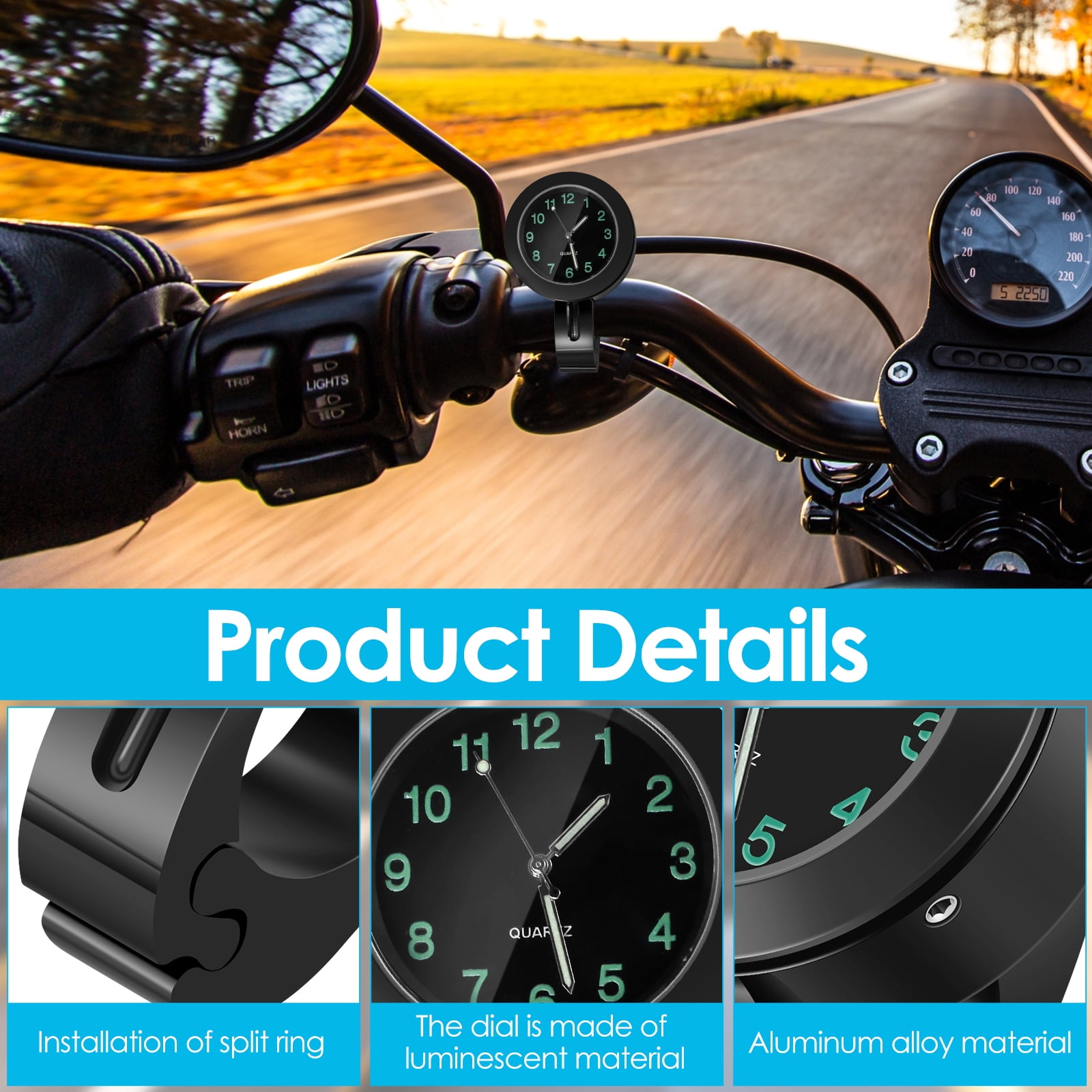 MoreChioce Universal Motorcycle Handlebar Clock, 7/8 to 1 Handlebar Watch  Waterproof Luminous Dial Aluminum Motorcycle Mount Clock for Motorcycle
