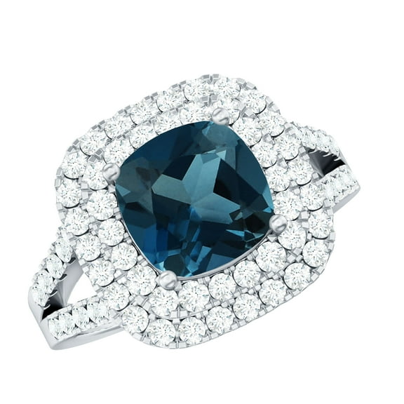 Rosec Jewels London Blue Topaz Engagement Ring with Double Halo - Cushion Cut Ring - AAA Quality Certified - With Jewelry Box, 925 Sterling Silver, US 4.00