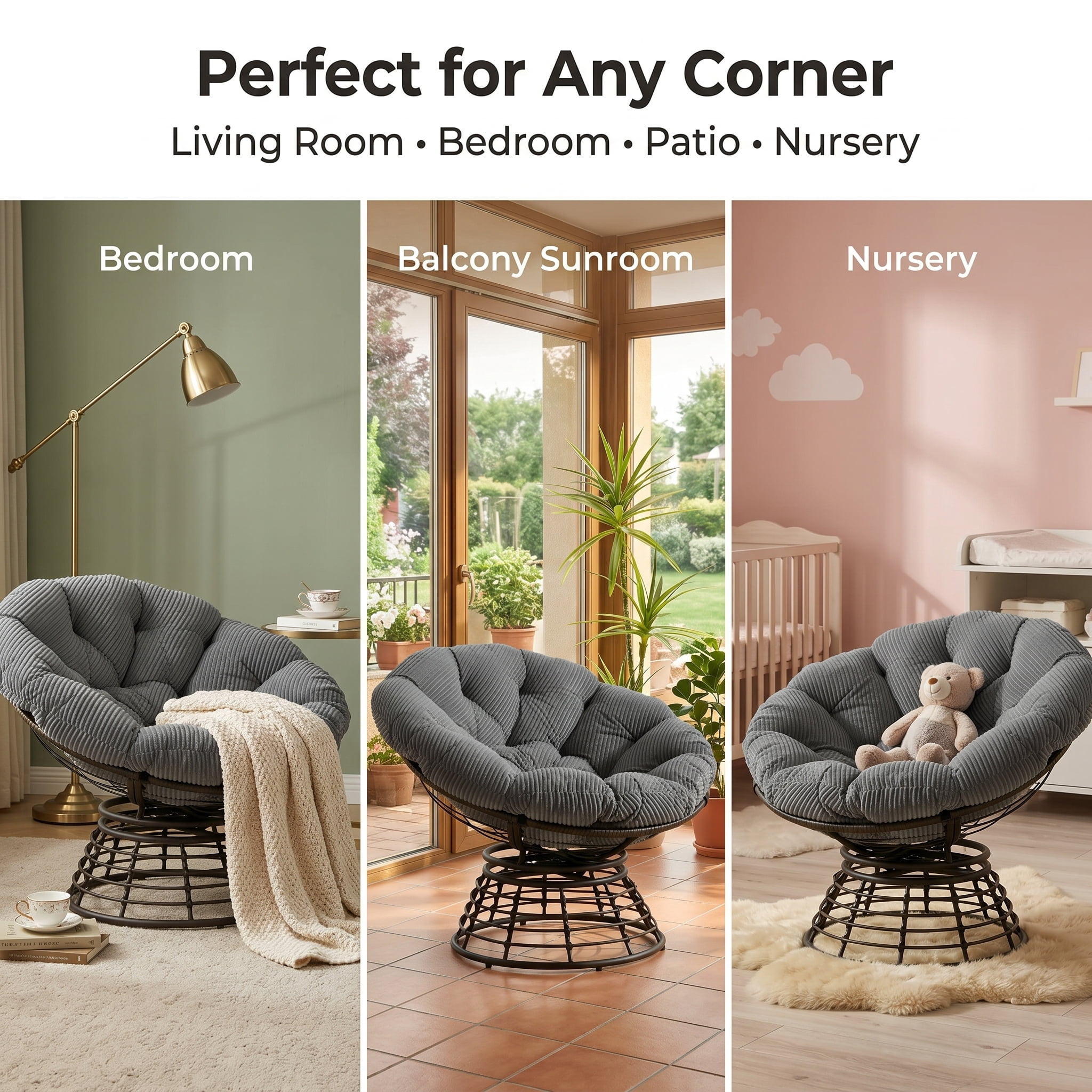 360° Swivel Wicker Papasan Chair with Ergonomic Over-Stuffed Cushion, Modern Rattan Saucer Chair for Living Room & Bedroom