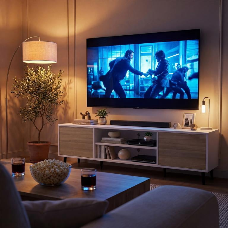 Vineego TV Stand for 70 Inch TV with 2 Push-to-Open Doors, Mid-Century Modern Media Console with Open Shelves, Entertainment Center for Living Room Bedroom, Beige & White