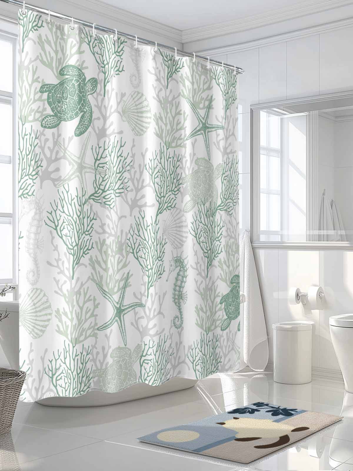Boanket Polyester Fabric Green Coastal Shower Curtain, Sea Turtle Nautical Coral Summer Beach Waterproof Bathtub Curtain Bathroom Decor Set with Hooks 72 x 96 Inches,