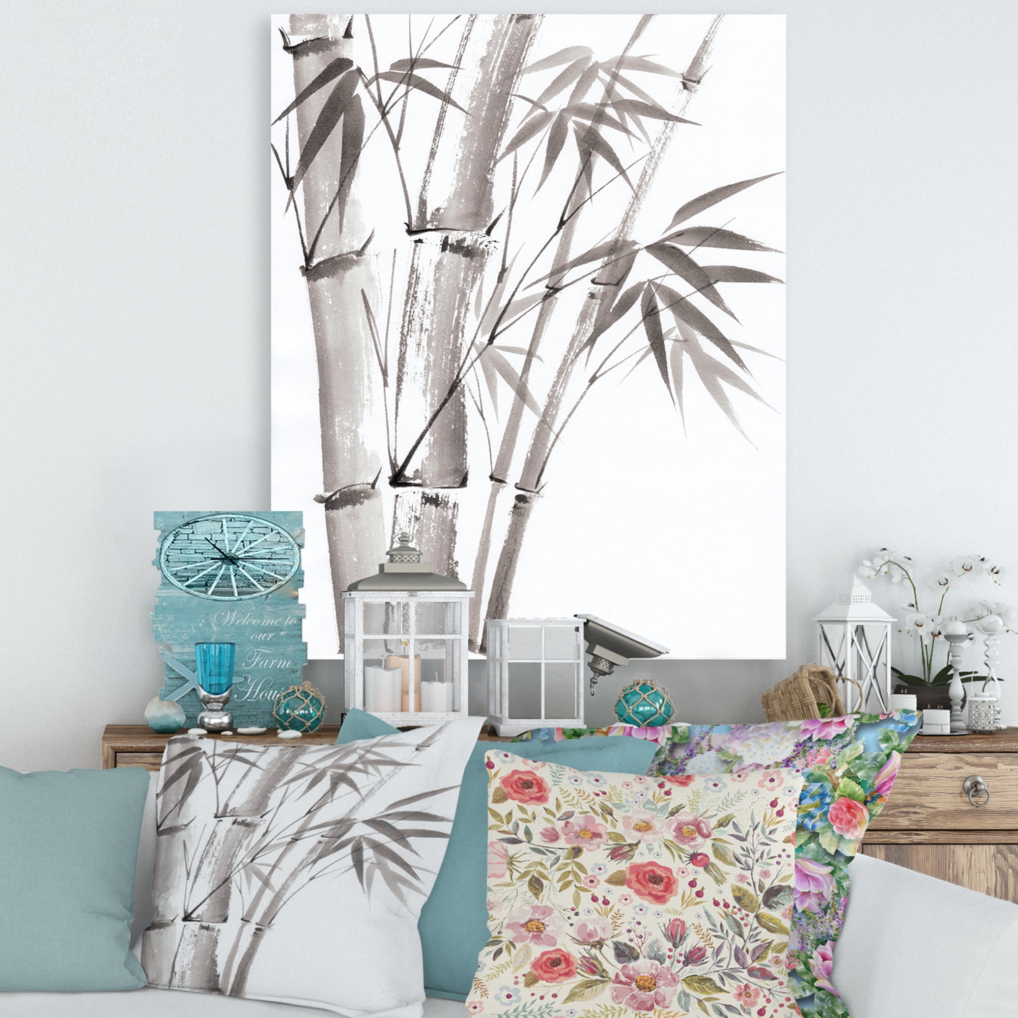 Designart ' Palm Bamboo Detail On White III ' Traditional Canvas Wall Art Print