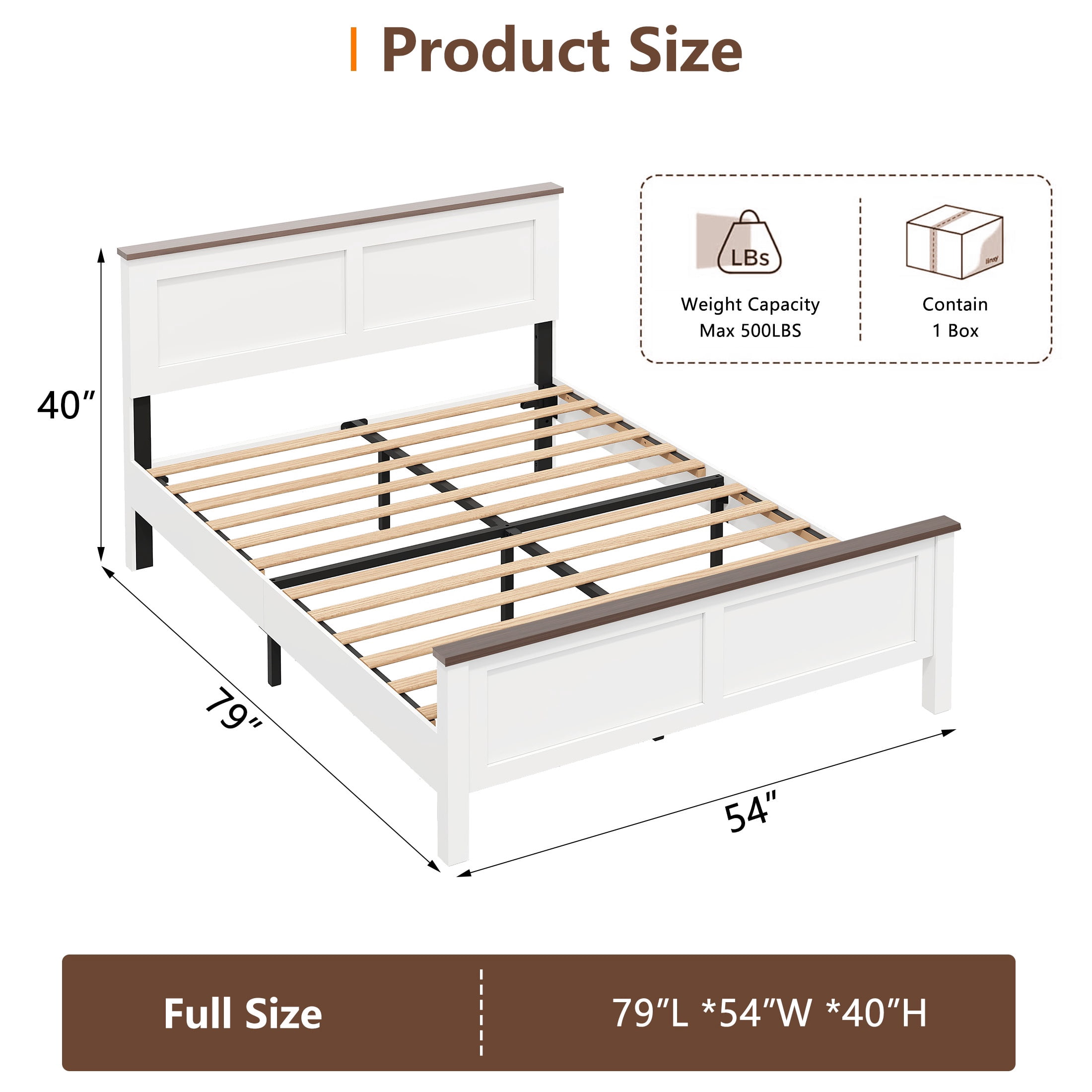 UHOMEPRO Full Size Bed Frame, Wood Platform Bed with Headboard and Footboard, Full Bed Frame with Wooden Slats, Holds 500lbs, Easy Assembly, No Box Spring Needed, Brown and White
