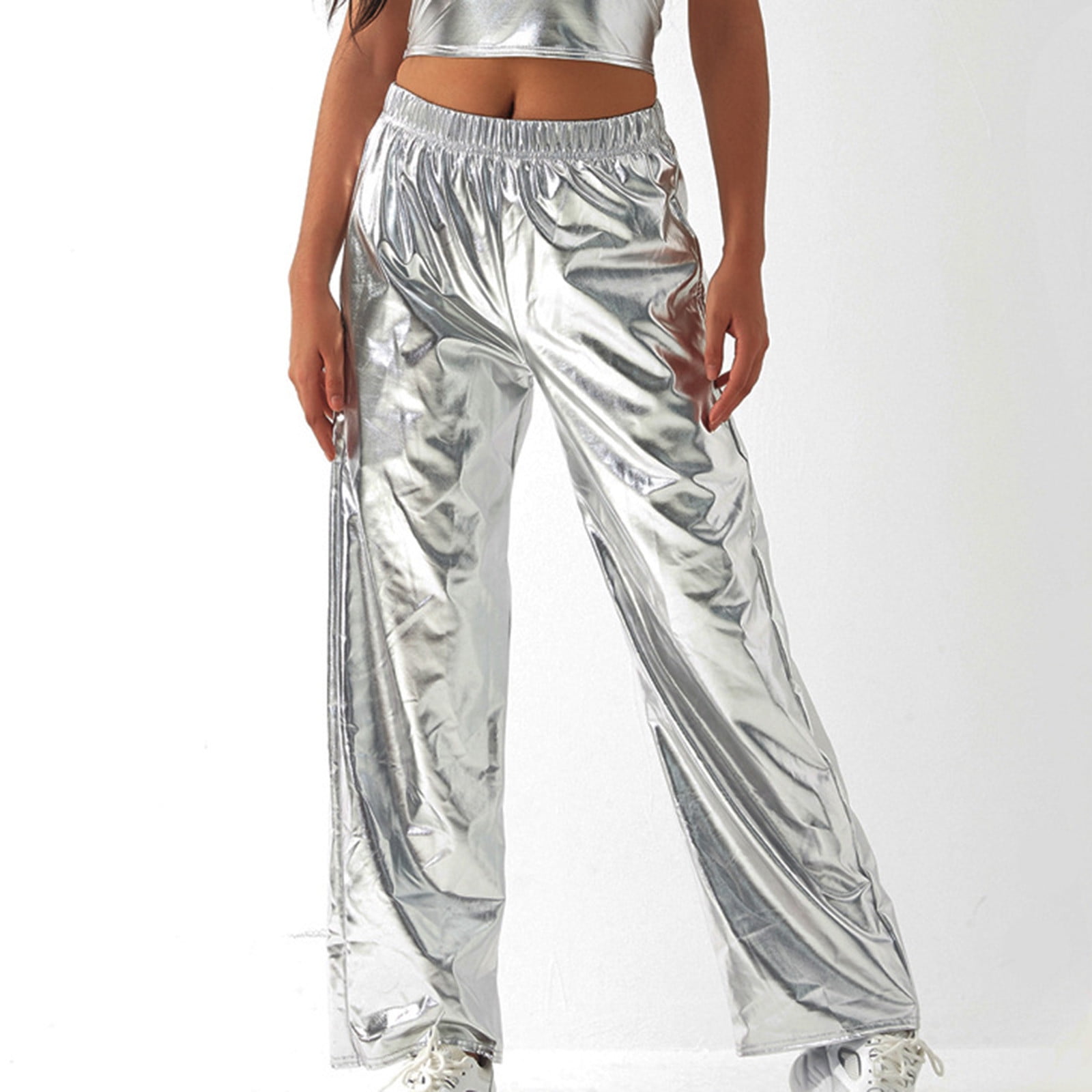 YYDGH Shiny Metallic Pants for Women Elastic High Waist Wide Leg Pants 70s  Disco Dance Party Trousers with Pockets Silver Silver