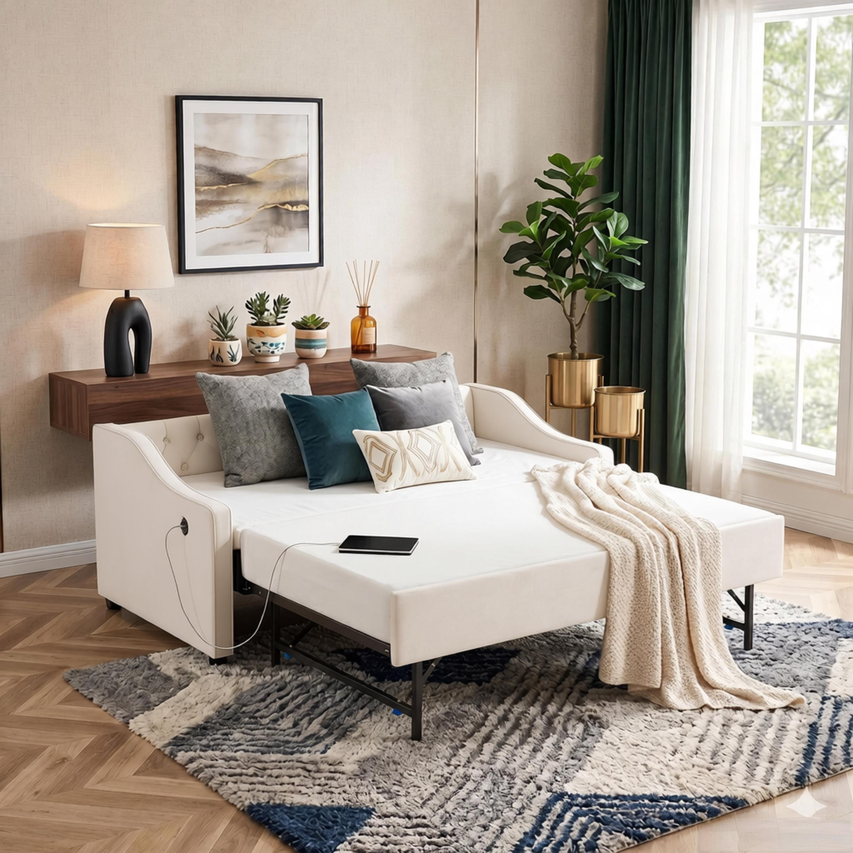 Howcool Twin Size 3-in-1 Velvet Daybed with Trundle, USB Port & Side Pockets, Maximum Load Weight 250lb, Button-Tufted for Bedroom Guest Room