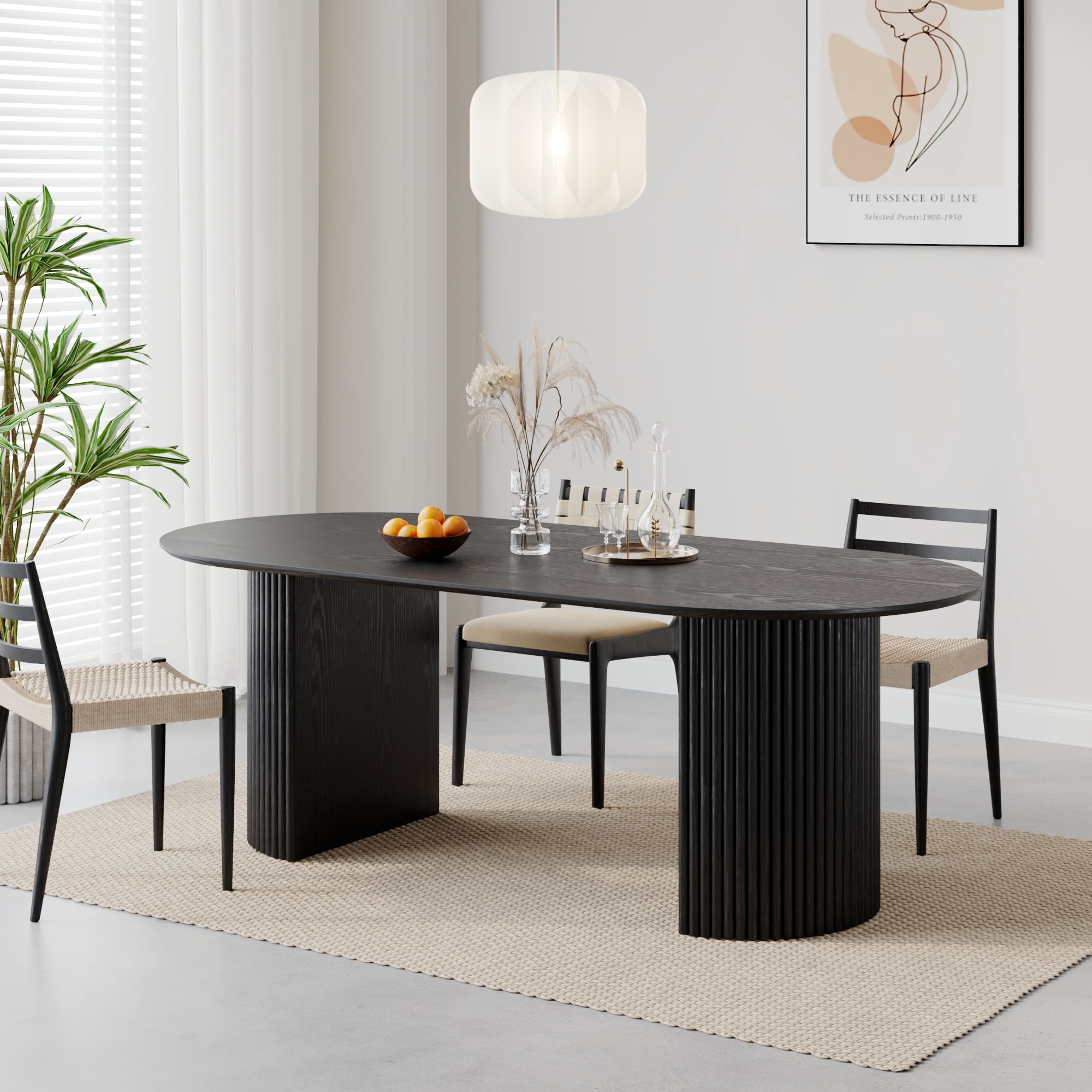 MAYEERTY 79*33.5*30"Oval Black Dining Table with Beveled Edge Top & Convex Fine-Striped Cylinder Split Base