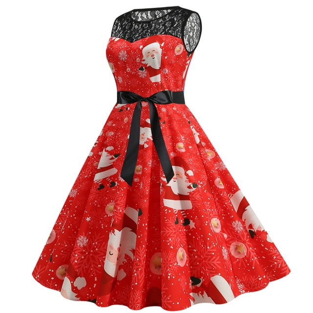 Moda mujer encaje una línea Flare vestido Vintage Prom Swing sin mangas estampado Navidad vestido de fiesta de Navidad Fridja hjkh464