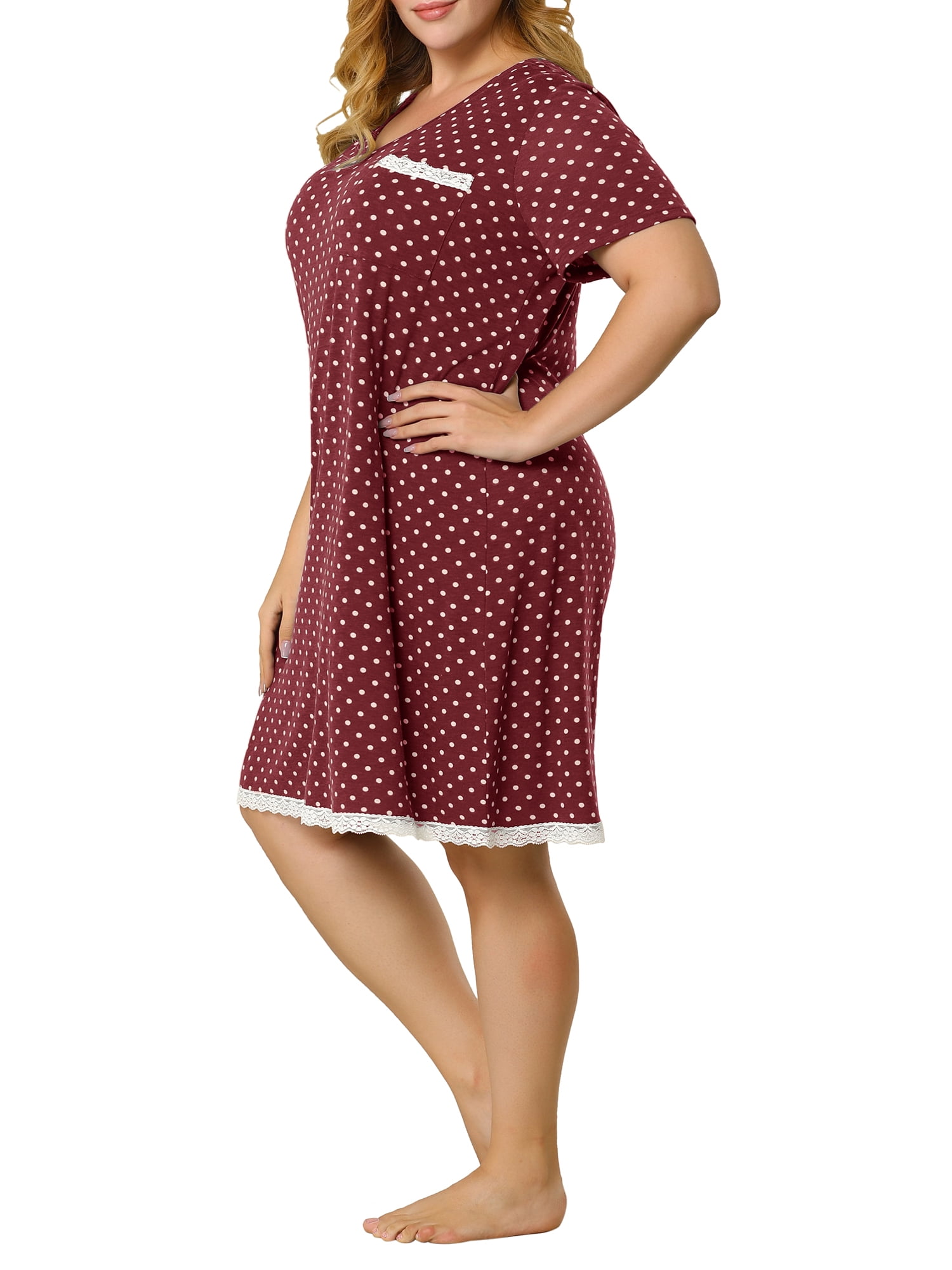 DARING DIVA Women's Plus Size Soft Short Sleeve Lace Trim Pajama Dress 3X Burgundy