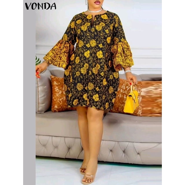 RWJDXD Robe Grande Taille pour Femmes 2024 Robe d'Été Imprimée Vintage Manches Évasées 3/4 Robe de Soirée Mini Bohème Vestido Robe de Plage