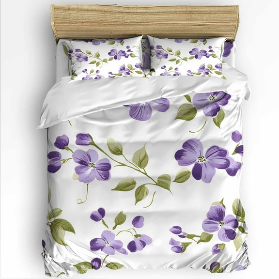 Purple Floral Queen Size Comforter Set, Green Leaf Spring Pastoral Style Soft Bedding for All Seasons, 4 Pcs Bed Set with 1Comforter (90"x92") ,1 Sheet(94"x116"), 2 Pillowcases (19"x29")